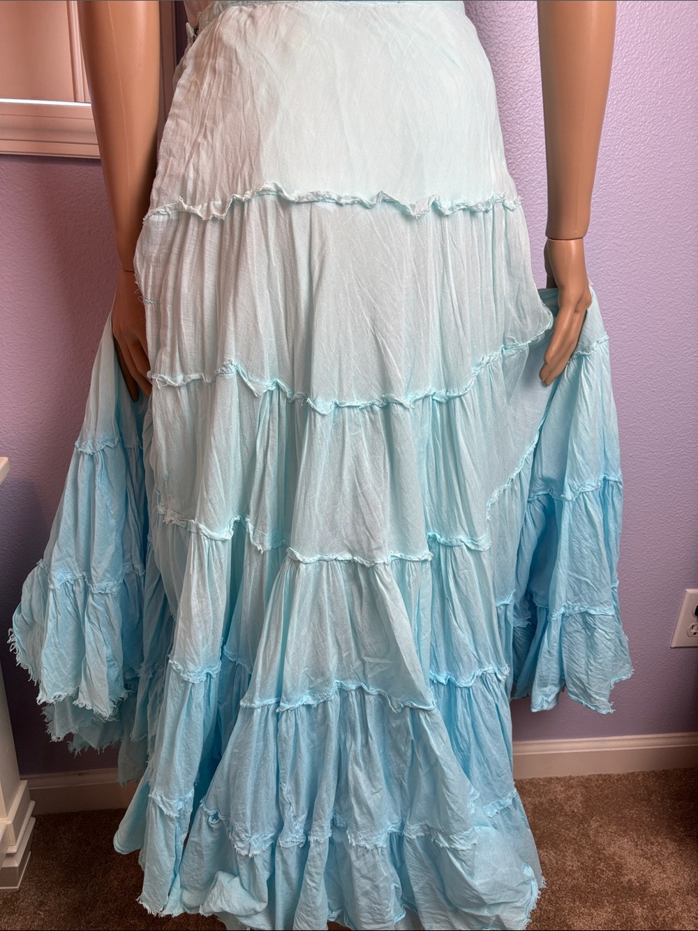 Vintage Ombre Tiered Light Aqua Maxi Skirt - Women 100% Cotton - Picture 5 of 12